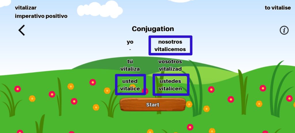 Spanish Verb Conjugation - pre-game conjugation screen for positive imperative / imperativo positivo for verb of the day "vitalizar"