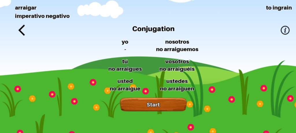 Spanish Verb Conjugation - pre-game conjugation screen for negative imperative / imperativo negativo for verb of the day "arraigar"