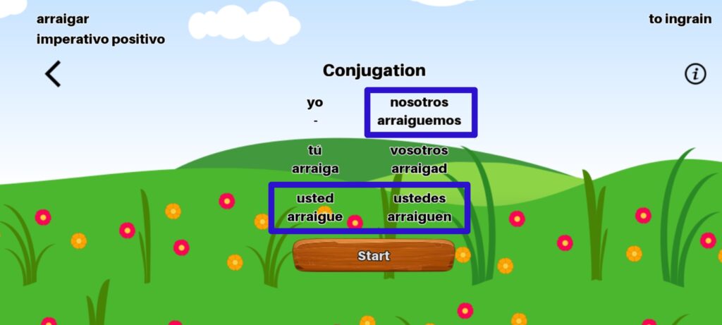 Spanish Verb Conjugation - pre-game conjugation screen for positive imperative / imperativo positivo for verb of the day "arraigar"