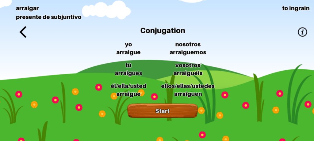 Spanish Verb Conjugation - pre-game conjugation screen for present subjunctive / presente de subjuntivo for verb of the day "arraigar"