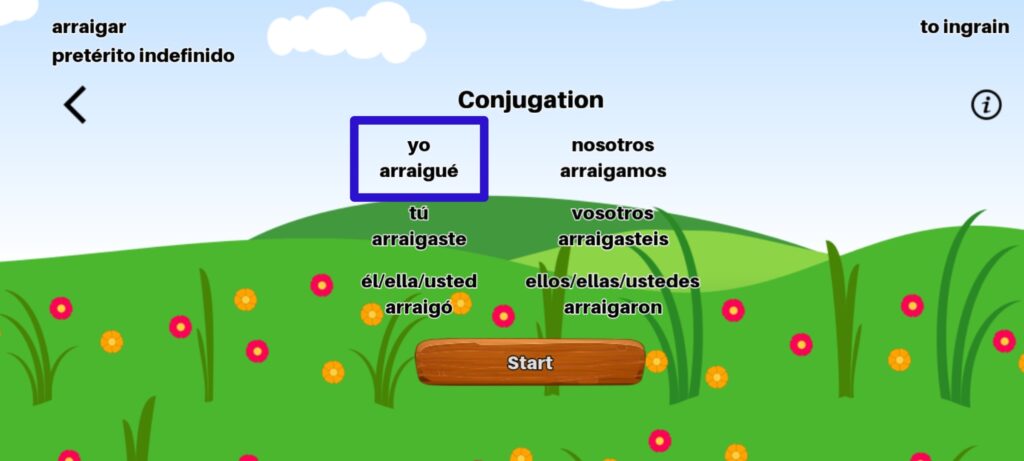 Spanish Verb Conjugation - pre-game conjugation screen for imperfect past / pretérito imperfecto for verb of the day "arraigar"