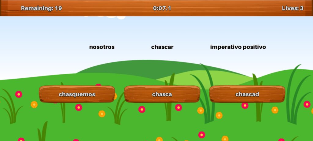 Spanish Verb Conjugation - "Pick from 3" game screenshot for verb of the day "chascar"