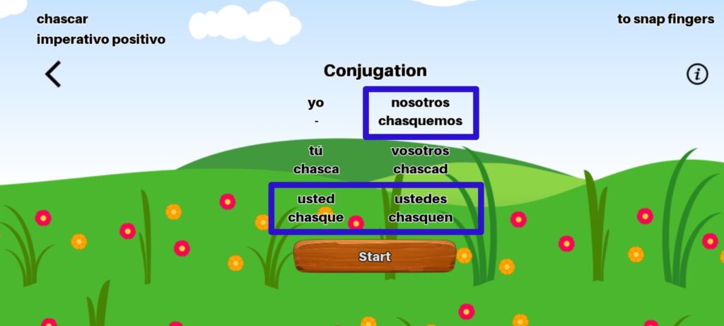 Spanish Verb Conjugation - pre-game conjugation screen for positive imperative / imperativo positivo for verb of the day "chascar"