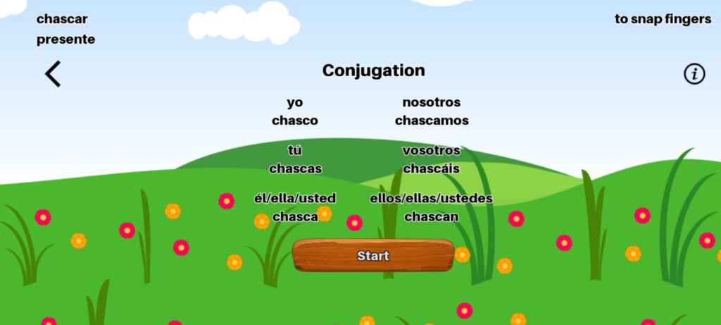 Spanish Verb Conjugation - pre-game conjugation screen for present tense / presente for verb of the day "chascar"