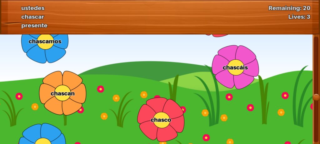 Spanish Verb Conjugation - Flower game screenshot for verb of the day "chascar"