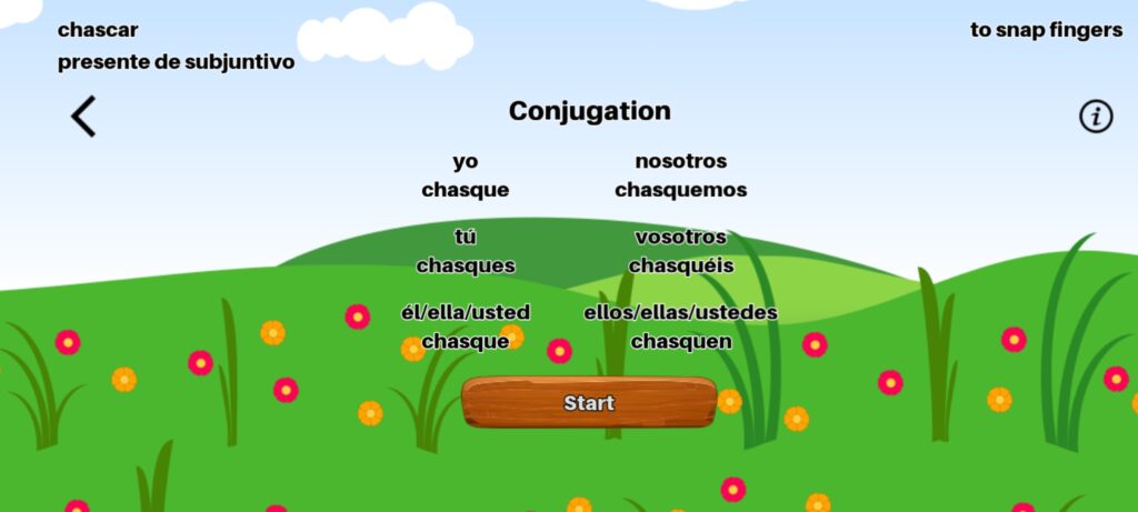 Spanish Verb Conjugation - pre-game conjugation screen for present subjunctive / presente de subjuntivo for verb of the day "chascar"