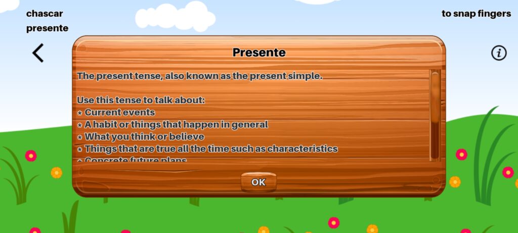 Spanish Verb Conjugation - information screen on when to use the present tense / presente correctly