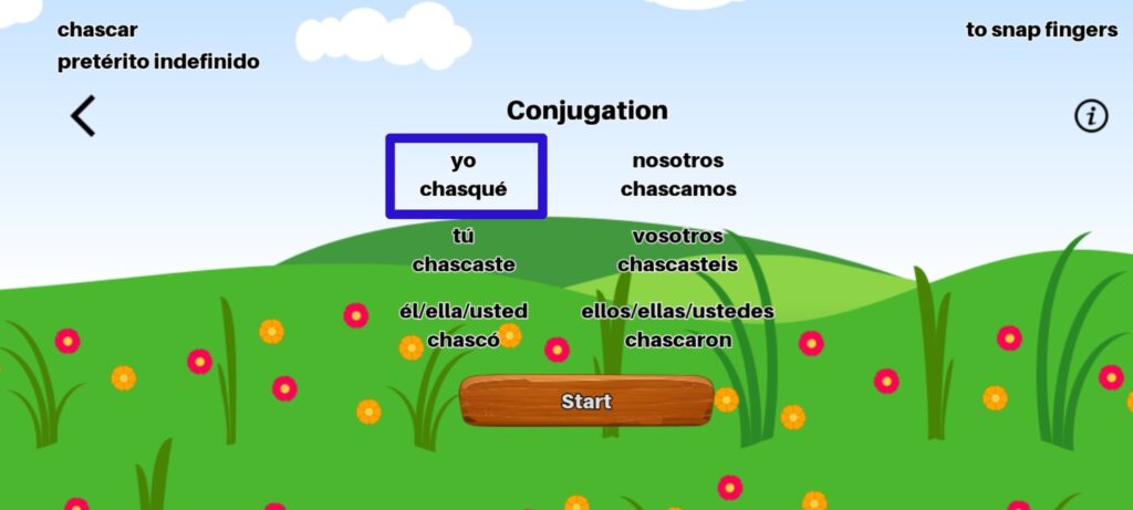Spanish Verb Conjugation - pre-game conjugation screen for the simple past tense / pretérito indefinido for verb of the day "chascar"